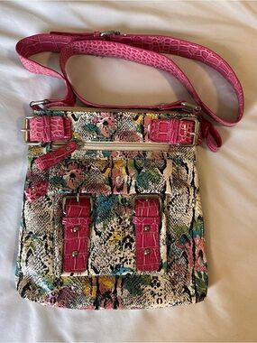 Pink Multi-Color Crossbody Bag with Croc-Effect Trim